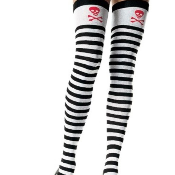 Leg Avenue 6007 Thigh High Skull Print Top Blk Wh  Stripe Discontinued  NWT NOS - Picture 2 of 5